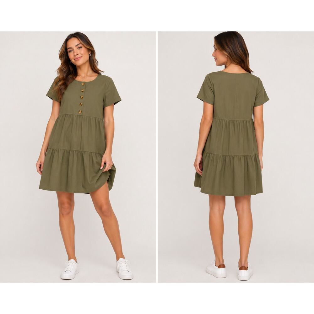 Madewell Olive Green Tiered Mini Dress Women’s Medium Cotton Babydoll Dress
